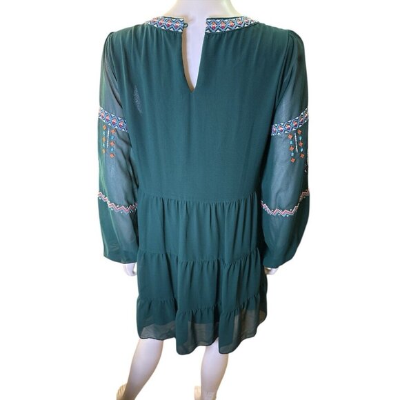 Savannah Jane Suttle Love Tiered Dress Olive Green Embroidered Bell Sleeves EUC - Picture 4 of 6